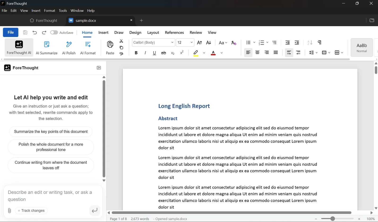 ForeThought word processor with the AI writing assistant open beside a document