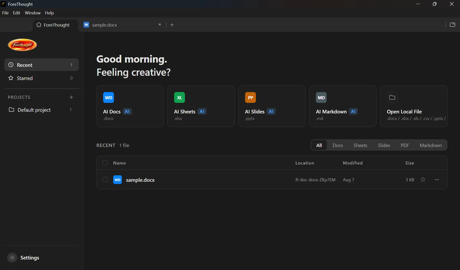 ForeThought launcher showing Documents, Sheets, Slides, Markdown, and recent files